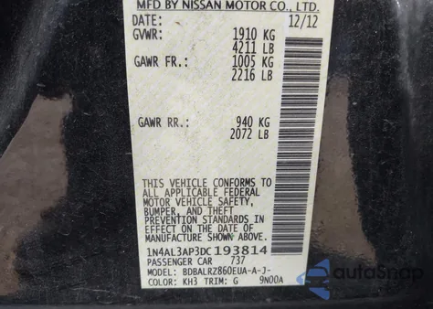 2013 Nissan Altima 2.5 S z USA, uszkodzony, nr VIN 1N4AL3AP3DC193814